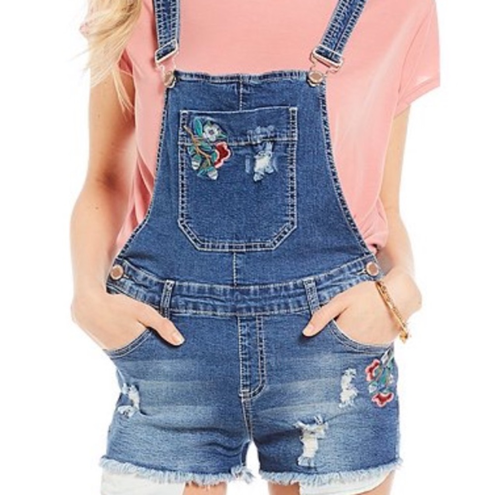 Floral Embroidery Denim Jean Overall Shorts